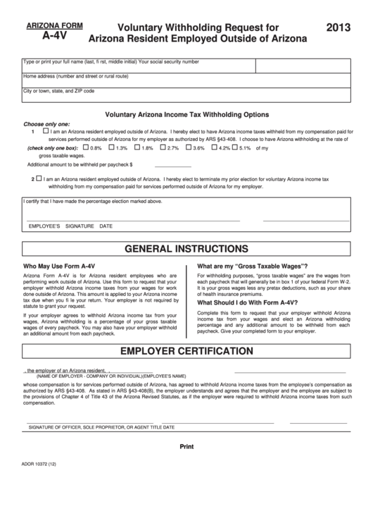 Fillable Arizona Form A 4v Voluntary Withholding Request For Arizona 