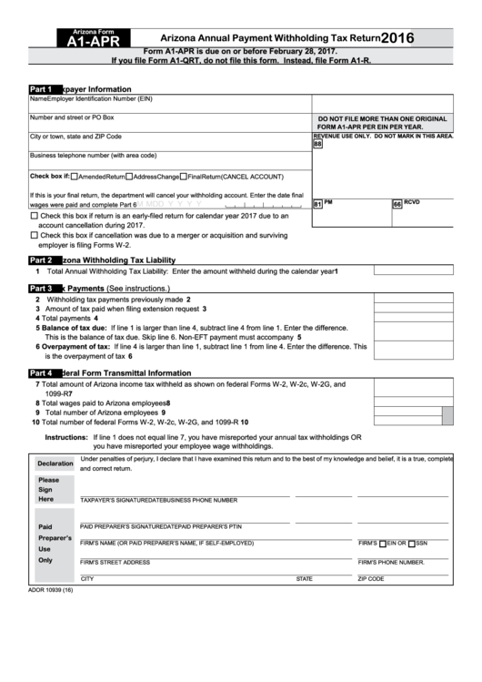 Fillable Arizona Form A1 Apr Arizona Annual Payment Withholding Tax