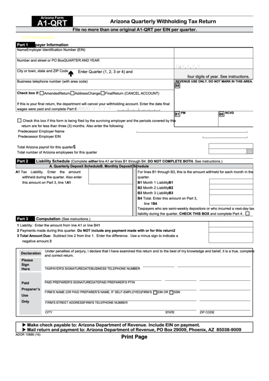 Fillable Arizona Quarterly Withholding Tax Return Arizona Form A1 Qrt