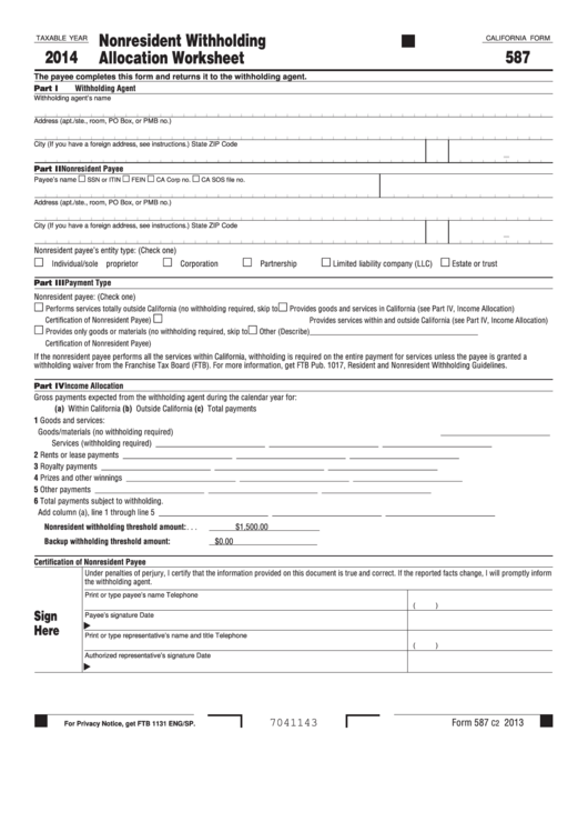 Fillable California Form 587 Nonresident Withholding Allocation 