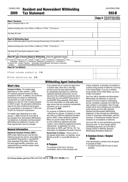 Fillable California Form 592 B Resident And Nonresident Withholding 