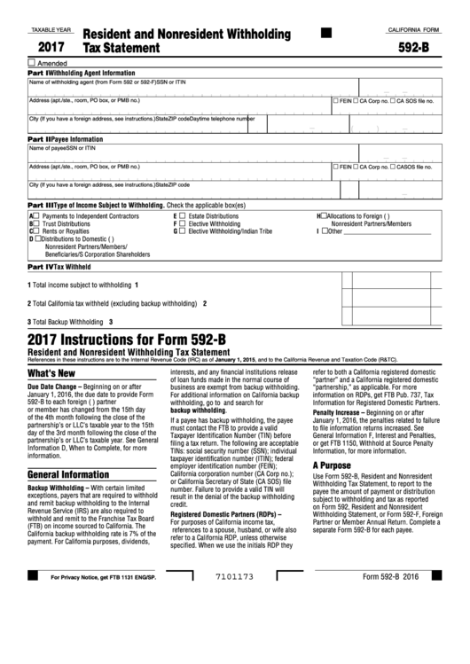 Fillable California Form 592 B Resident And Nonresident Withholding