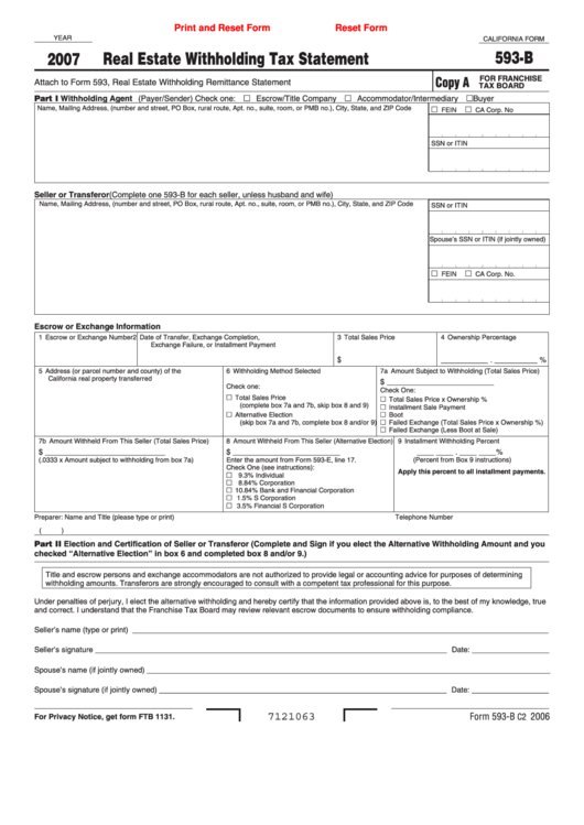 Fillable California Form 593 B Real Estate Withholding Tax Statement 