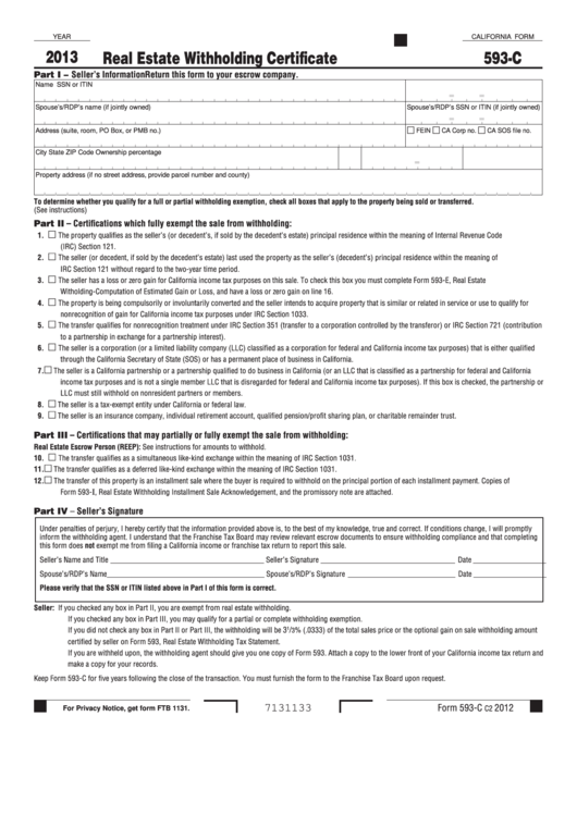 Fillable California Form 593 C Real Estate Withholding Certificate 