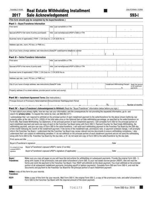 Fillable California Form 593 I Real Estate Withholding Installment 