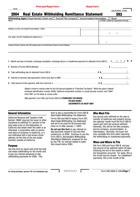 Fillable California Form 593 Real Estate Withholding Remittance 