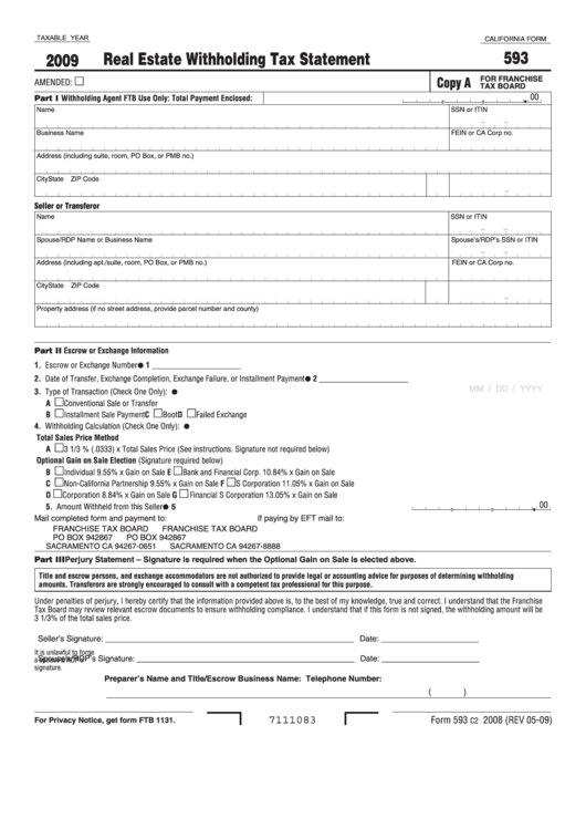 Fillable California Form 593 Real Estate Withholding Tax Statement 