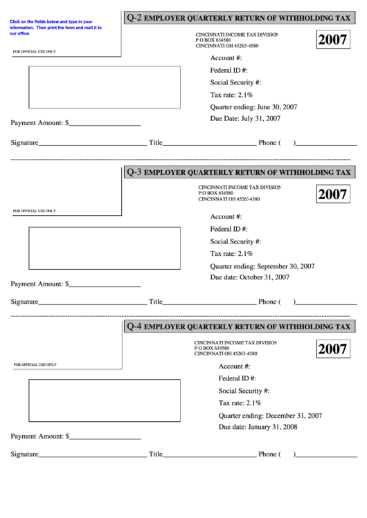 Fillable Employer Quarterly Return Of Withholding Tax Form 2007 