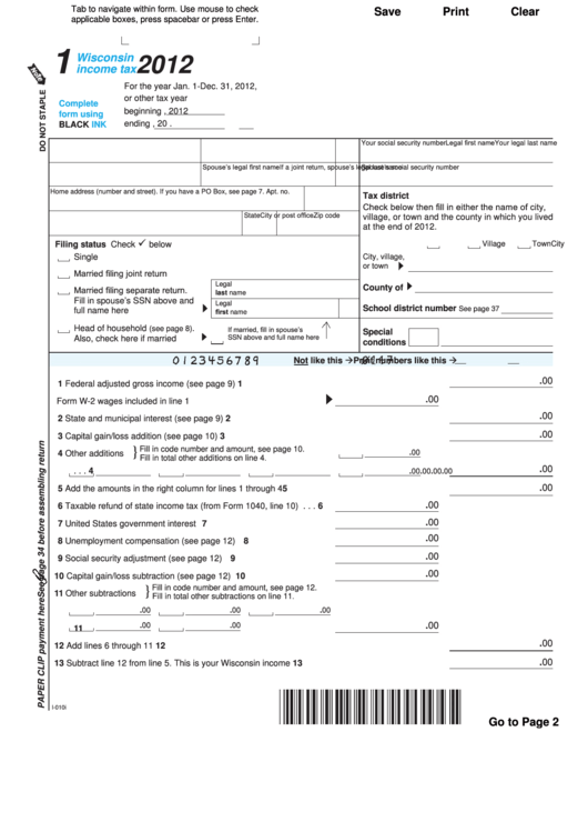 Fillable Form 1 Wisconsin Income Tax 2012 Printable Pdf Download