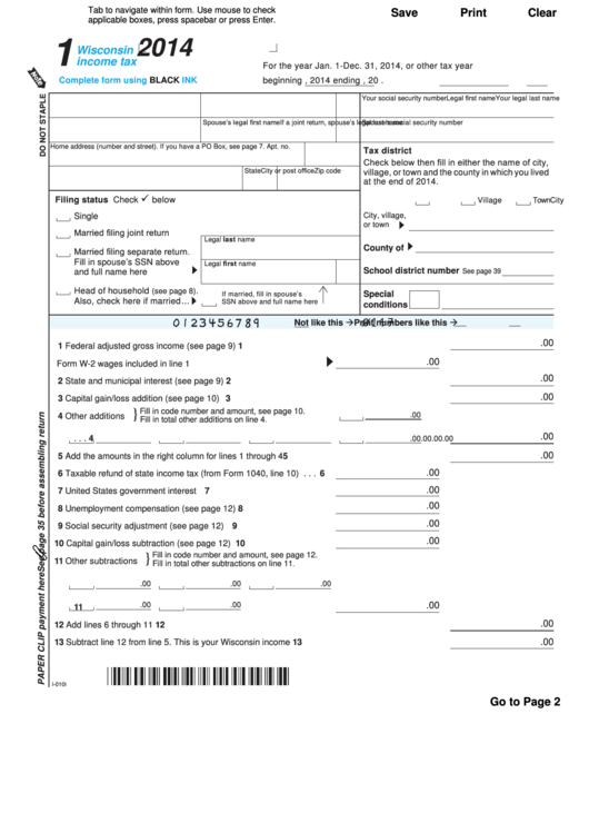 Fillable Form 1 Wisconsin Income Tax 2014 Printable Pdf Download