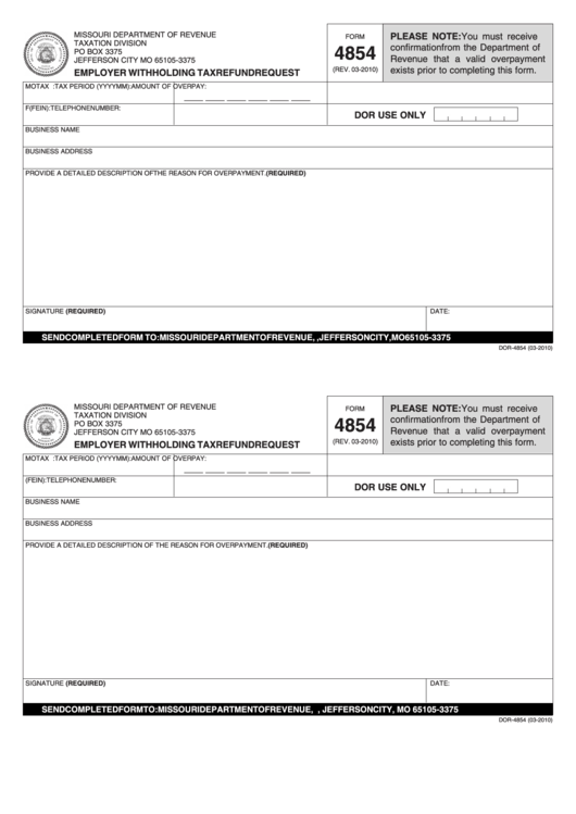 Fillable Form 4854 Employer Withholding Tax Refund Request Missouri 