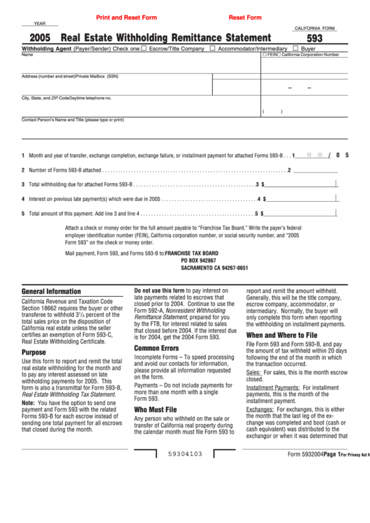 Fillable Form 593 Real Estate Withholding Remittance Statement 2005 