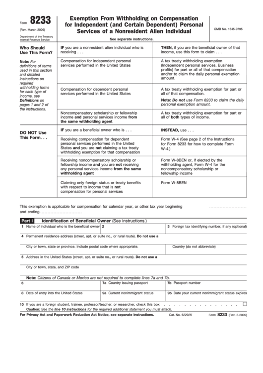 Fillable Form 8233 Exemption From Withholding On Compensation For 