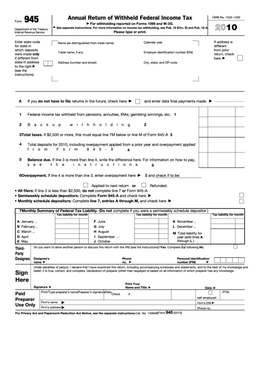 Fillable Form 945 Annual Return Of Withheld Federal Income Tax 2010