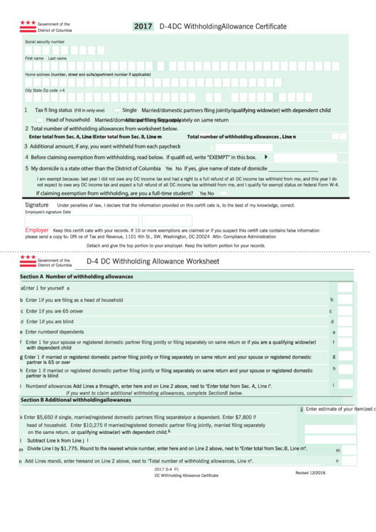 Fillable Form D 4 Dc Withholding Allowance Certificate 2017 