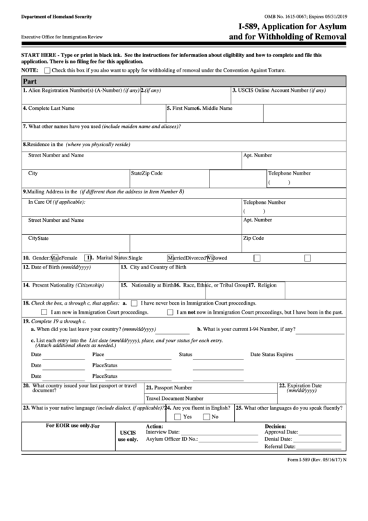 Fillable Form I 589 Application For Asylum And For Withholding Of