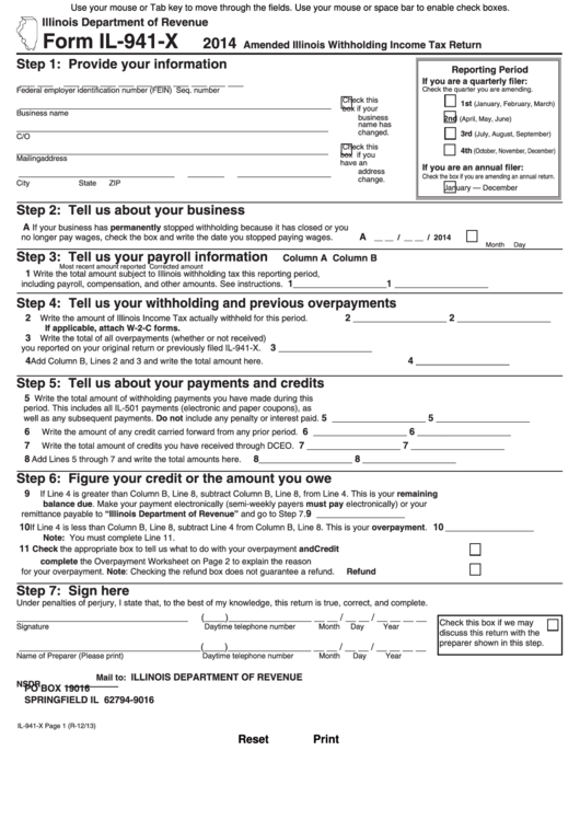 Fillable Form Il 941 X Amended Illinois Withholding Income Tax Return 