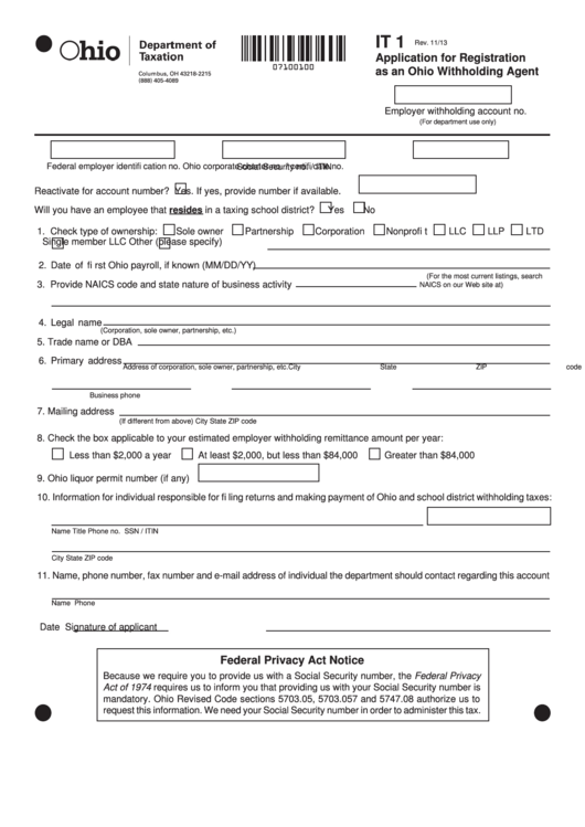 Fillable Form It 1 Application For Registration As An Ohio 