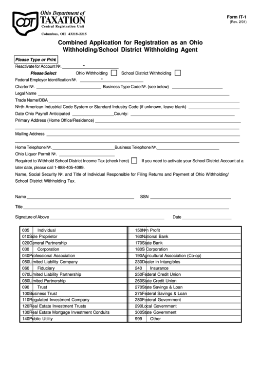 Fillable Form It 1 Combined Application For Registration As An Ohio 