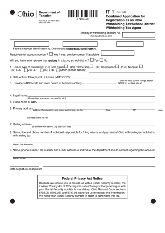 Fillable Form It 1 Combined Application For Registration As An Ohio 