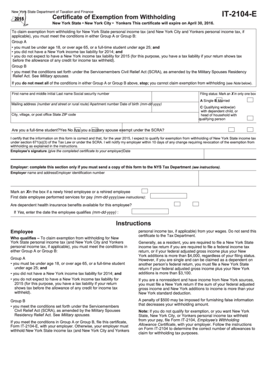 Fillable Form It 2104 E Certificate Of Exemption From Withholding 