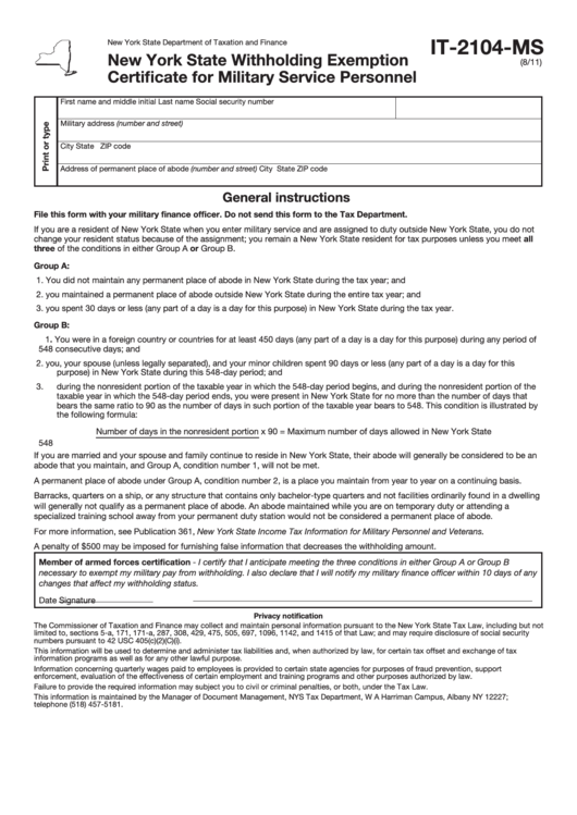 Fillable Form It 2104 Ms New York State Withholding Exemption 