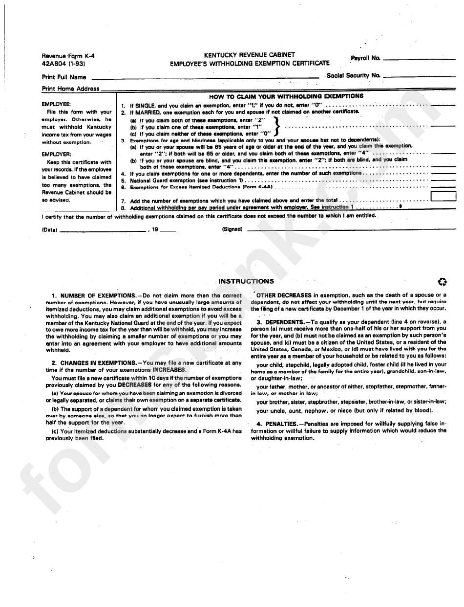 Fillable Form K 4 Employee S Withholding Exemption Certificate