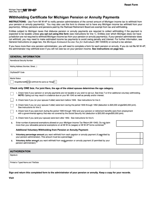 Fillable Form Mi W 4p Withholding Certificate For Michigan Pension Or