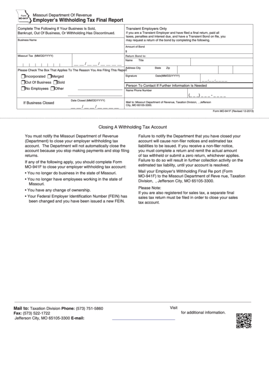 Fillable Form Mo 941f Employer S Withholding Tax Final Report 2013
