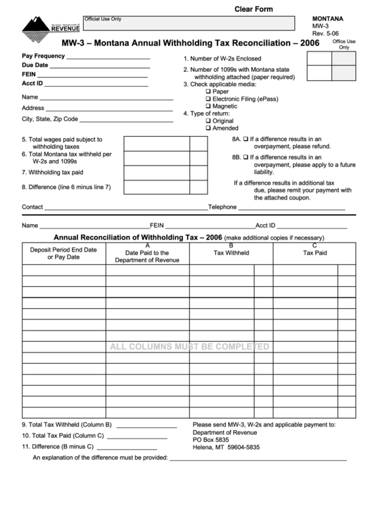 Fillable Form Mw 3 Montana Annual Withholding Tax Reconciliation 