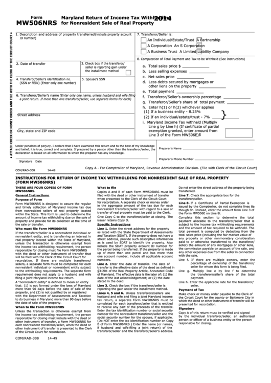 Fillable Form Mw506nrs Maryland Return Of Income Tax Withholding For 