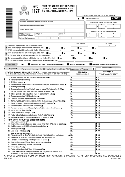 Fillable Form Nyc 1127 Form For Nonresident Employees Of The City Of 