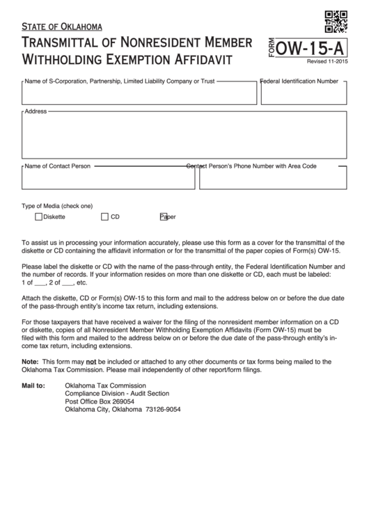 Fillable Form Ow 15 A Transmittal Of Nonresident Member Withholding