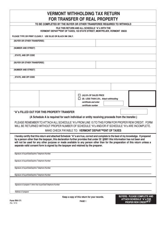 Fillable Form Rw 171 Vermont Withholding Tax Return For Transfer Of 