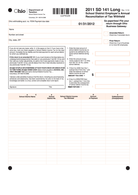 Fillable Form Sd 141 Long Ohio School District Employer S Annual 