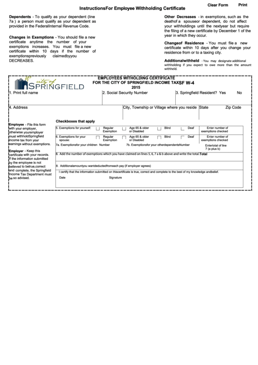 Fillable Form Sf W 4 Employees Witholding Certificate For The City Of 