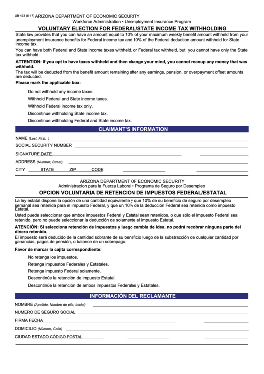 Fillable Form Ub 433 Voluntary Election For Federal state Income Tax 