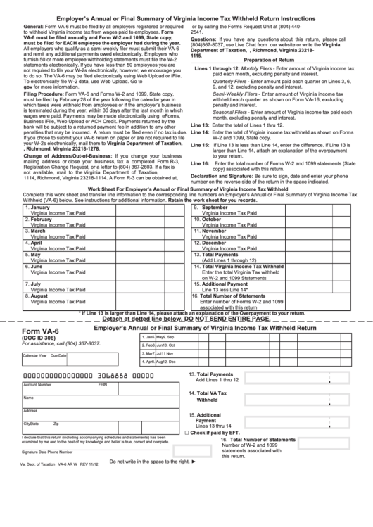 Fillable Form Va 6 Employer S Annual Or Final Summary Of Virginia 