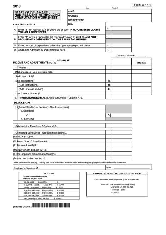 Fillable Form W 4nr Non Resident Withholding Computation Worksheet 