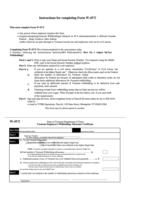 Fillable Form W 4vt Vermont Employee S Withholding Allowance 