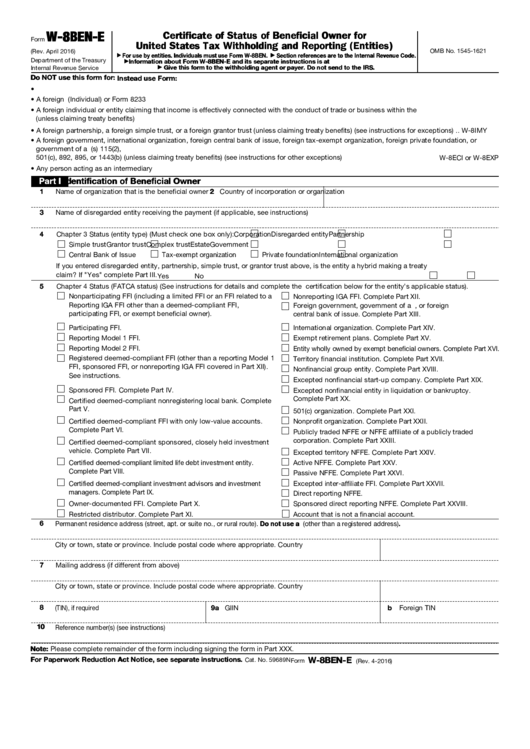 Fillable Form W 8ben E Certificate Of Status Of Beneficial Owner For 