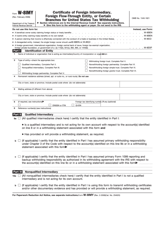 Fillable Form W 8imy Certificate Of Foreign Intermediary Foreign 