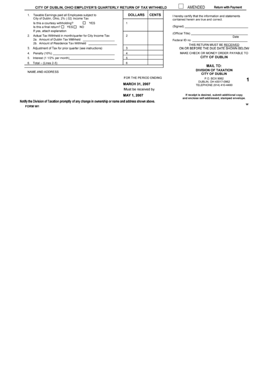 Fillable Form W1 City Of Dublin Ohio Employer S Quarterly Return Of 