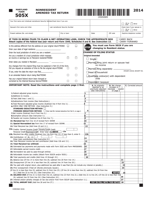 Fillable Maryland Form 505x Nonresident Amended Tax Return 2014 