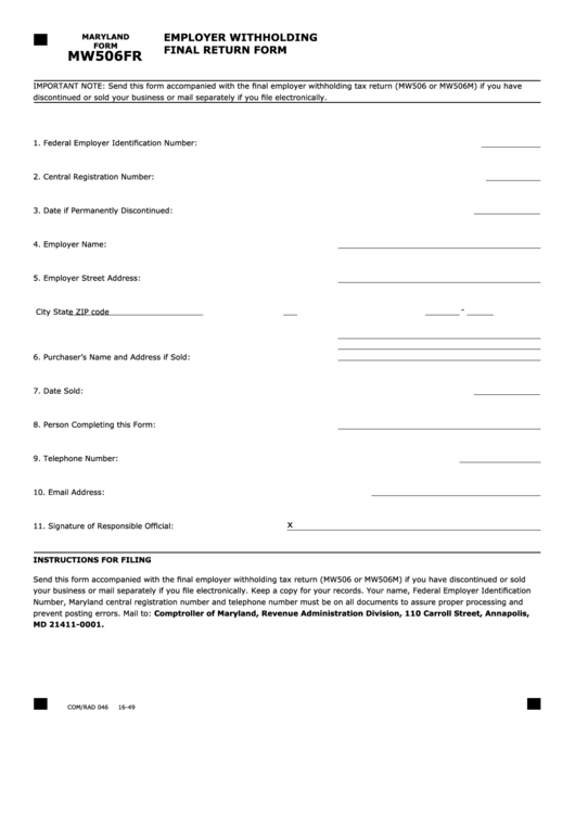 Fillable Maryland Form Mw506fr Employer Withholding Final Return Form 