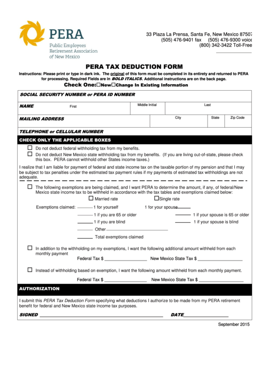 Fillable Pera Tax Deduction Form Fillable 2015 Printable Pdf Download