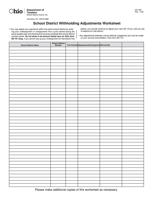 Fillable School District Withholding Adjustments Worksheet Ohio 