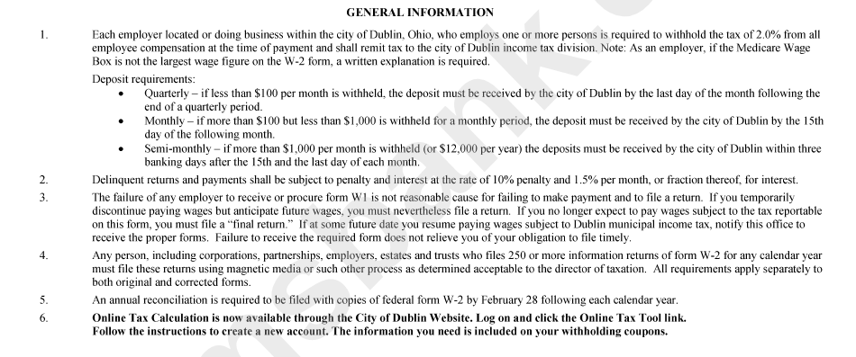 Fillable Withholding Tax Worksheet City Of Dublin Ohio Printable Pdf 