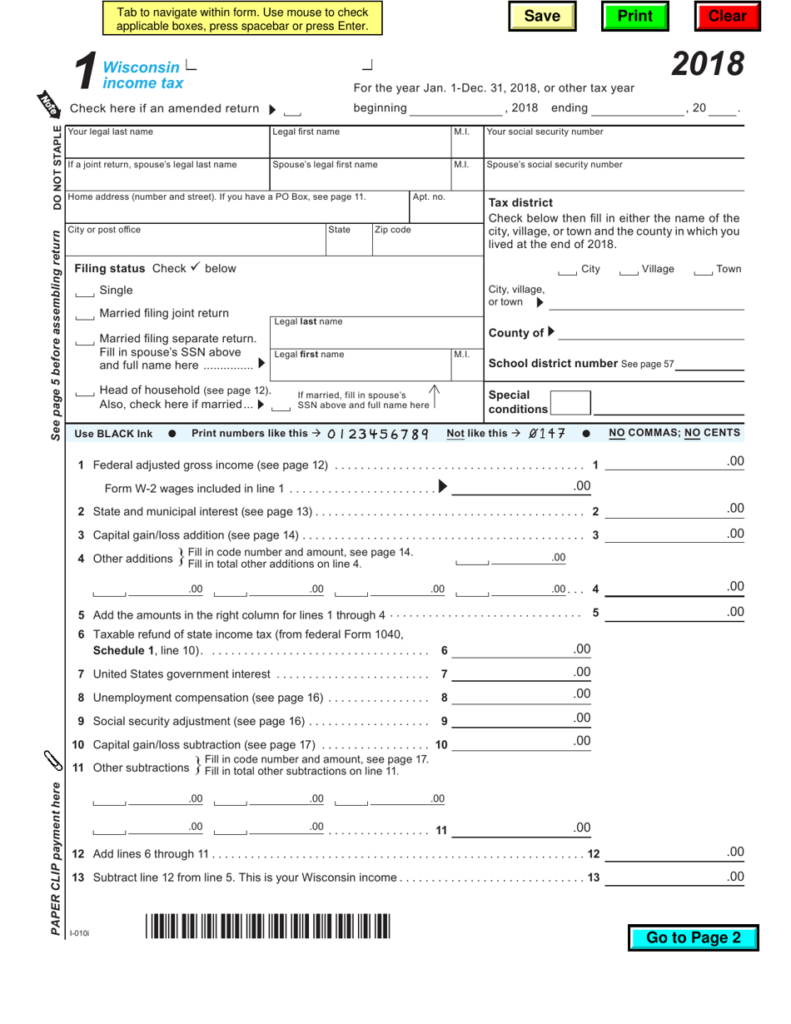 Form 1 Download Fillable PDF Or Fill Online Wisconsin Income Tax 2018 