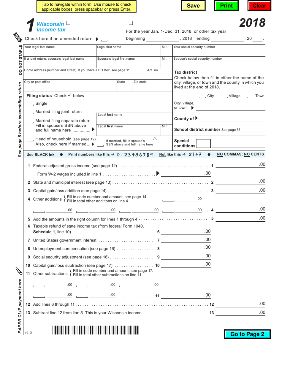 Form 1 Download Fillable PDF Or Fill Online Wisconsin Income Tax 2018 